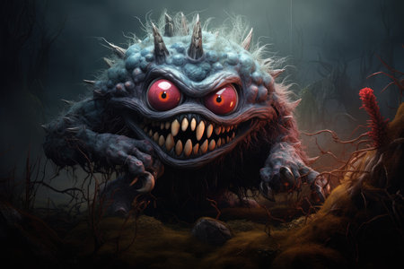 Digital illustration of a menacing fantasy monster lurking in a foggy, mystical forest settingの素材