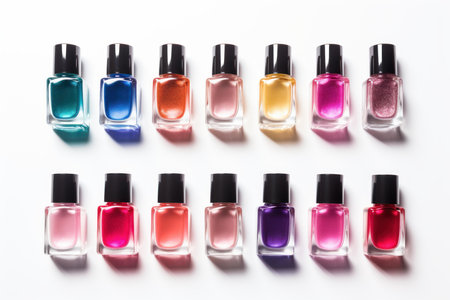 Vibrant collection of assorted nail polish bottles neatly aligned on a pure white surfaceの素材