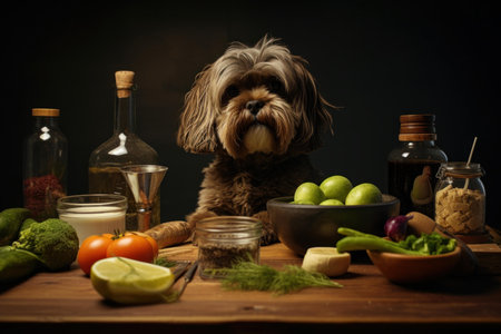 Adorable dog surrounded by an array of fresh vegetables and cooking essentialsの素材