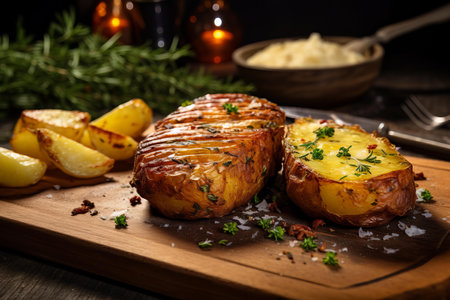 Grilled stuffed potatoes garnished with fresh herbs, served with a side of roasted wedgesの素材