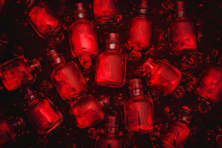 Abstract arrangement of multiple red glass bottles illuminated on a dark backdropの素材
