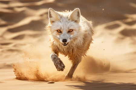 Dynamic image of a fennec fox running towards the camera in a desert environment, with sand trailing behindの素材