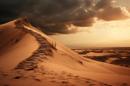 Majestic sandy landscape with steps over a dune under a dramatic sunset skyの素材