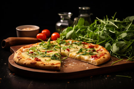 Artisan pizza topped with cheese, arugula, and sun-dried tomatoes, presented on a rustic boardの素材
