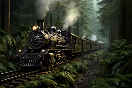 Old-fashioned steam locomotive winds through a dense, foggy forest, evoking a sense of adventure and nostalgiaの素材