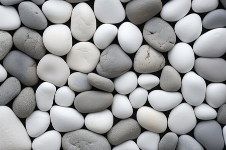 Top view of a textured pattern made up of smooth white and gray stonesの素材