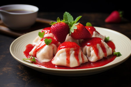 Luscious strawberry dumplings drizzled with sweet sauce served on a plate with fresh mint garnishの素材