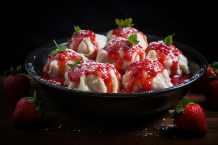 Succulent strawberry dumplings garnished with fresh parsley, dusted with powdered sugarの素材