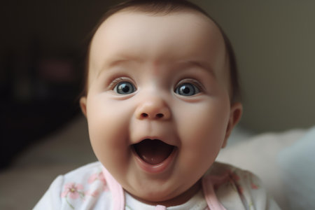 Close-up of a cute baby with an expressive, cheerful face, displaying wonder and happinessの素材