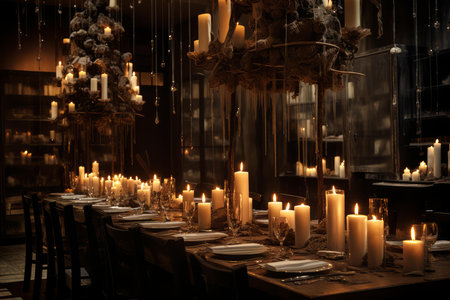 Soothing Table candles restaurant. Romantic food. Generate Aiの素材