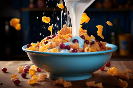 Creamy Tasty cornflakes milk bowl. Water fitness food nutrition snack. Generate Aiの素材