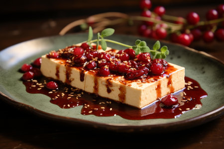 Refreshing Tofu cubes with cranberries on plate. Vegan appetizer delicacy food sliced in blocks. Generate aiの素材
