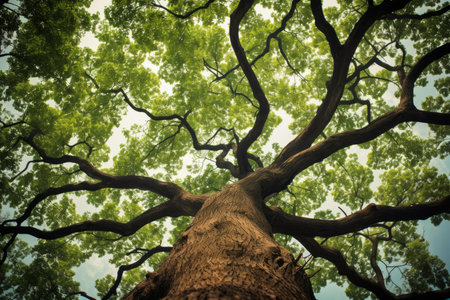 Low angle shot of a large tree with intricate branches against a bright skyの素材