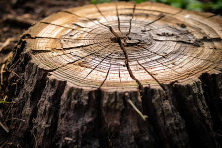 Close-up view of a tree stump highlighting the growth rings and texturesの素材