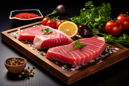 Raw tuna fillets with herbs and spices ready for cooking on a dark backgroundの素材