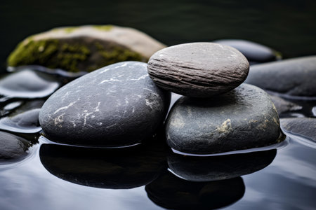 Stack of smooth zen stones balanced in calm, reflective watersの素材