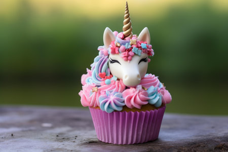 Delicately decorated unicorn-themed cupcake with a colorful frosting and serene backdropの素材
