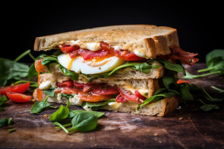 Delicious toasted sandwich with egg, tomatoes, cheese, and arugula on a rustic wooden boardの素材