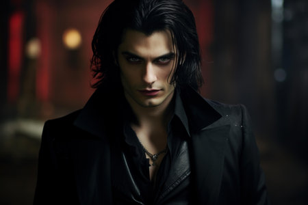 Brooding man with intense expression set against a moody, dark backdropの素材