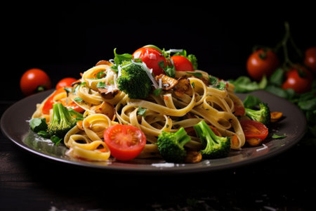 Appetizing plate of pasta with cherry tomatoes, broccoli, and mushrooms, perfect for a culinary themeの素材