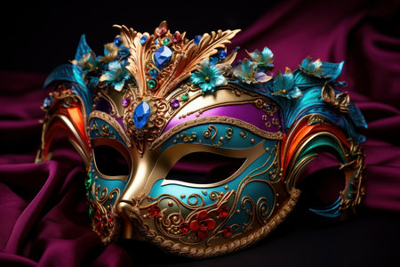 Luxurious decorated masquerade mask on a silk fabric backdropの素材