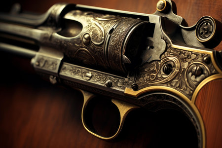 Close-up of a vintage engraved handgun with intricate designs on a rich wooden surfaceの素材