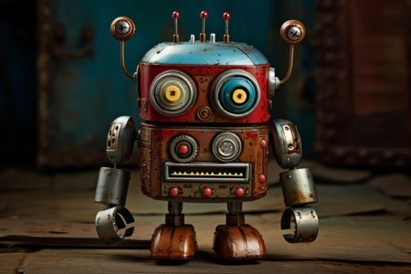 Old-fashioned toy robot with colorful details stands against a rustic backgroundの素材