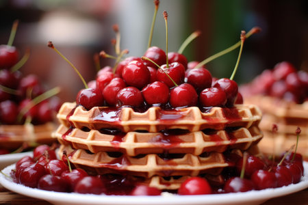 Stack of golden waffles topped with fresh cherries and drizzled with syrupの素材