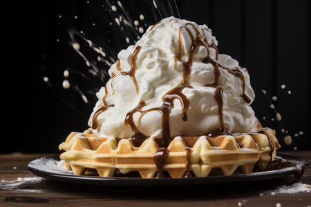 Freshly baked belgian waffle topped with a generous amount of whipped cream and caramel sauce, with sugar sprinklingの素材