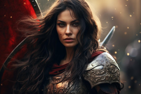 Powerful woman clad in armor, poised and confident, exemplifying strength and beautyの素材