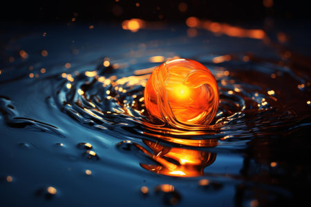 Abstract image featuring a glowing, warm sphere centered in cool water ripplesの素材