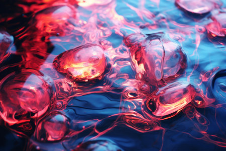 Close-up of vibrant red bubbles on a dynamic blue watery background, ideal for abstract conceptsの素材