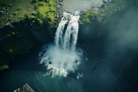Overhead shot capturing the powerful cascade of a waterfall surrounded by lush greeneryの素材