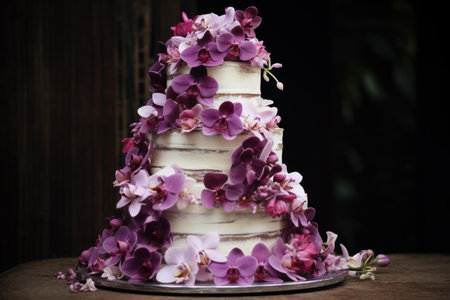 Stunning three-tiered wedding cake decorated with fresh purple orchids on a dark backgroundの素材