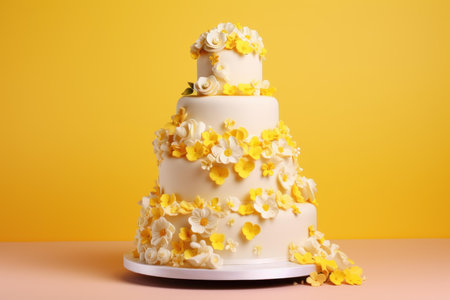 Three-tiered wedding cake adorned with white and yellow flowers on a vibrant yellow backdropの素材