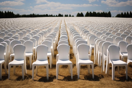 Symmetrical perspective of countless white chairs arranged in rows across a vast field under a clear skyの素材