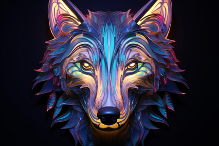 Digital artwork featuring a colorful, stylized wolf head with geometric patternsの素材