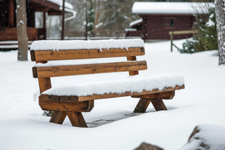 Solitary wooden bench blanketed with fresh snow in a tranquil winter landscapeの素材