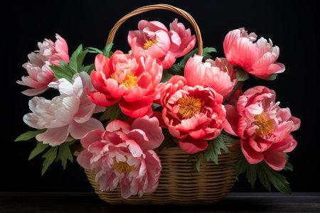 Lush arrangement of pink and white peonies presented in a traditional wicker basketの素材