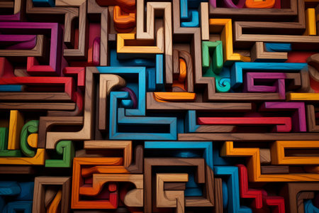 Vibrant and detailed 3d multicolor wooden labyrinth puzzle with abstract patterns and intricate geometric structureの素材