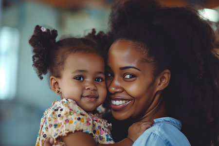 Joyful african american mother holding her toddler, both smiling at the cameraの素材