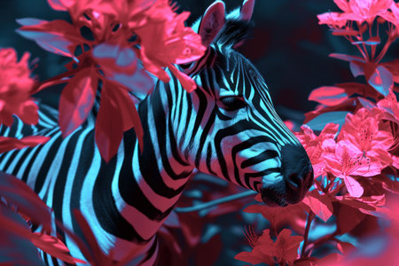 A surreal image of a zebra among vivid red foliage, invoking a dream-like fantasyの素材