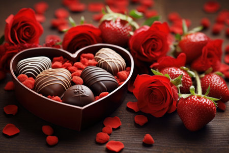 Heart-shaped box of chocolates with fresh strawberries and red roses on a wooden surfaceの素材