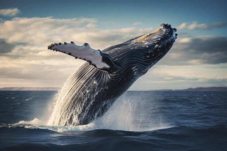 Stunning humpback whale leaps from ocean waters under a vast sky, showcasing its grandeurの素材