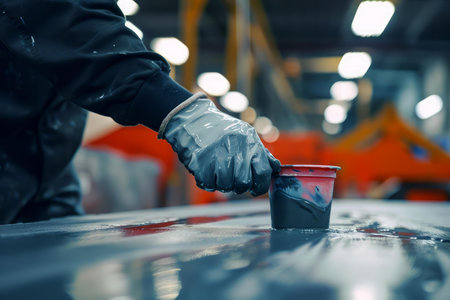 Close-up of a gloved hand applying paint with a cup on a car body in an auto repair shopの素材