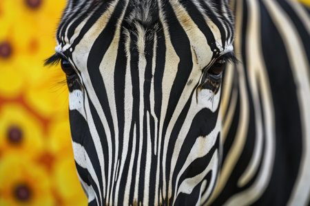 Detailed zebra face close-up against a colorful patterned backdropの素材