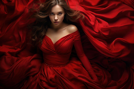 A captivating young woman in a luxurious red dress with billowing fabricの素材