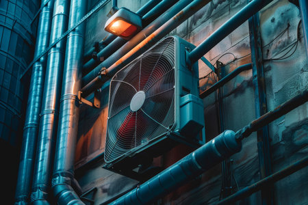 Metal industrial fan cooling system operating on an exterior wall of a buildingの素材