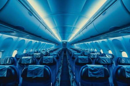 Rows of empty blue seats are waiting for passengers inside the cabin of a modern aircraftの素材