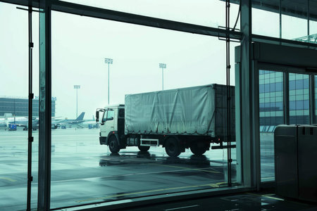 White lorry waiting at airport terminal in the rain, delivering cargo for air transportationの素材